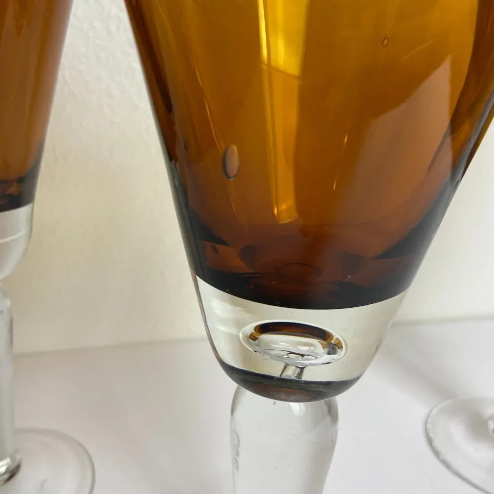 VTG 1970 Honey Amber Hand blown Stemmed Wine Goblet Glasses 9